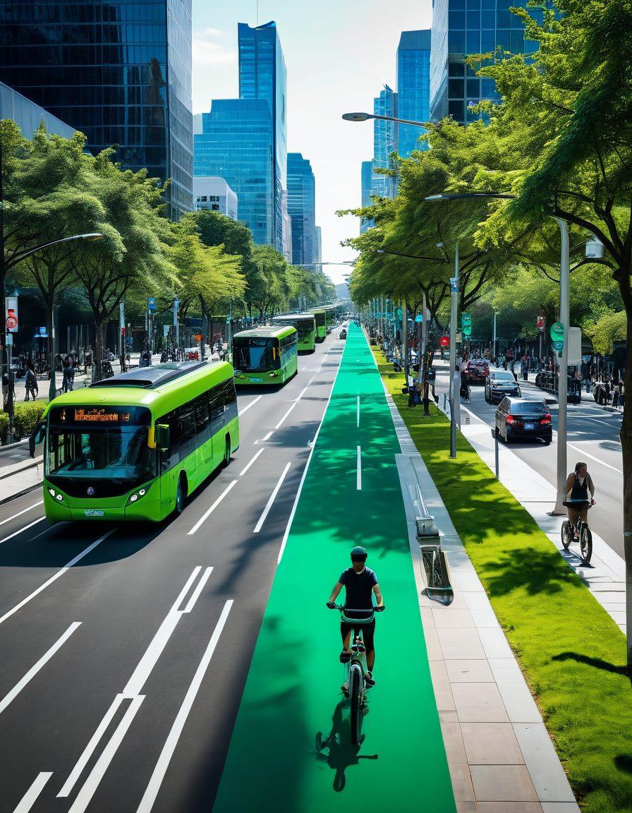 A futuristic cityscape showcasing diverse and user-friendly transportation options like e-scooters, electric buses, and shared bicycles, with happy commuters navigating seamlessly. The scene includes vibrant green parks, smart traffic systems, and smart mobility apps displayed on phones. The atmosphere is lively, promoting efficient and eco-friendly transport solutions. vibrant colors. super-realistic. dynamic composition.