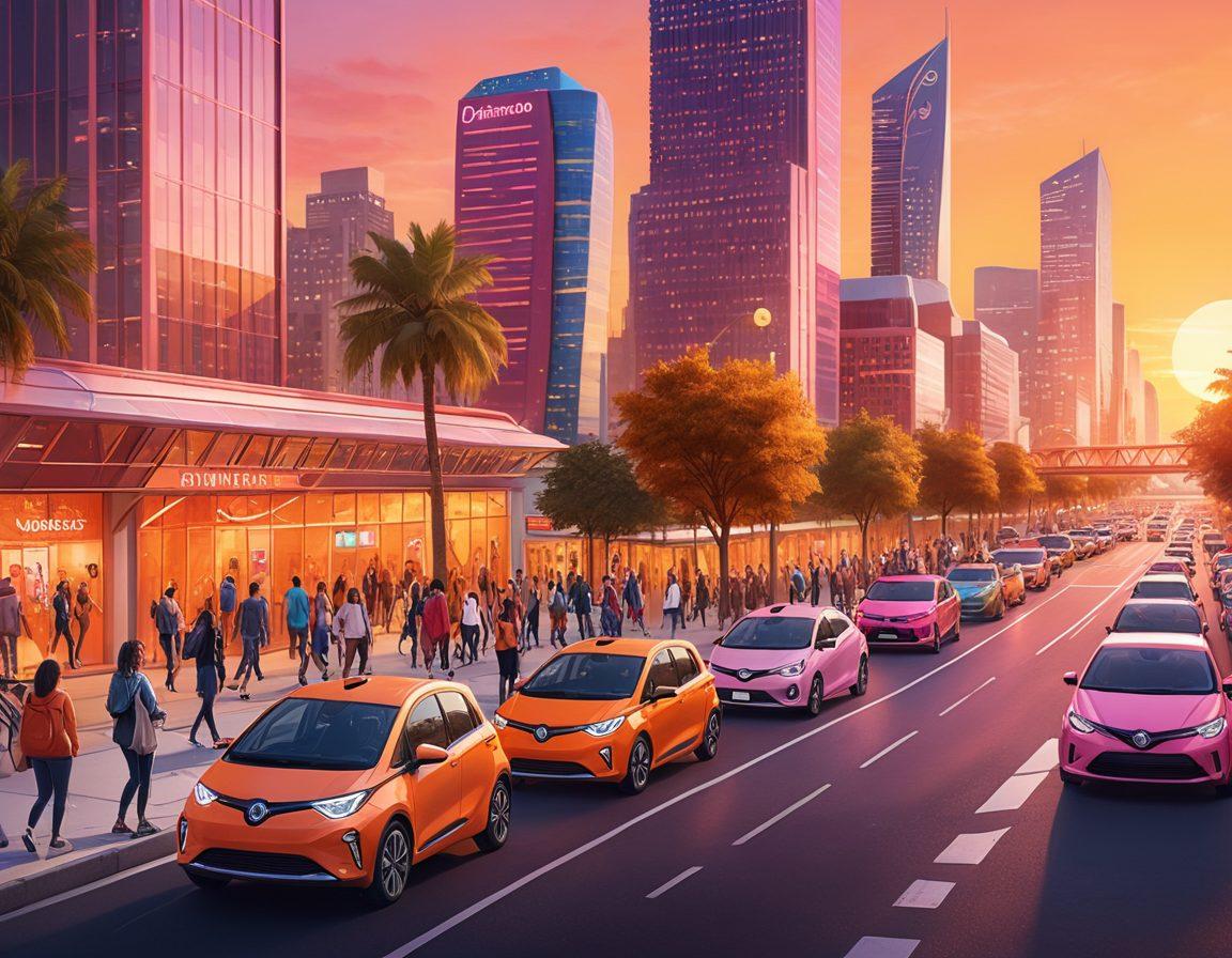 A bustling cityscape featuring diverse rideshare vehicles, including electric scooters, bikes, and cars. People of various backgrounds happily using their smartphones to book rides. A vibrant sunset casts warm colors over the scene, creating a lively and inviting atmosphere. Infographic elements subtly integrated, showing routes and icons for different transportation options. modern and dynamic vibes. vibrant colors. super-realistic.